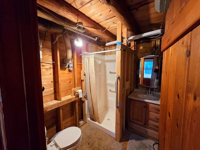 bathroom featuring a shower with curtain, wood walls, wood ceiling, and beam ceiling