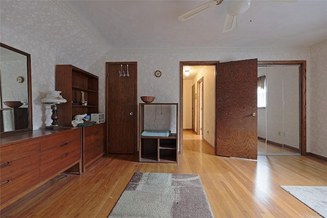 5219 W 52nd St, Fairview, PA 16415 - bedroom with wallpapered walls, light wood-style floors, ceiling fan, and ornamental molding