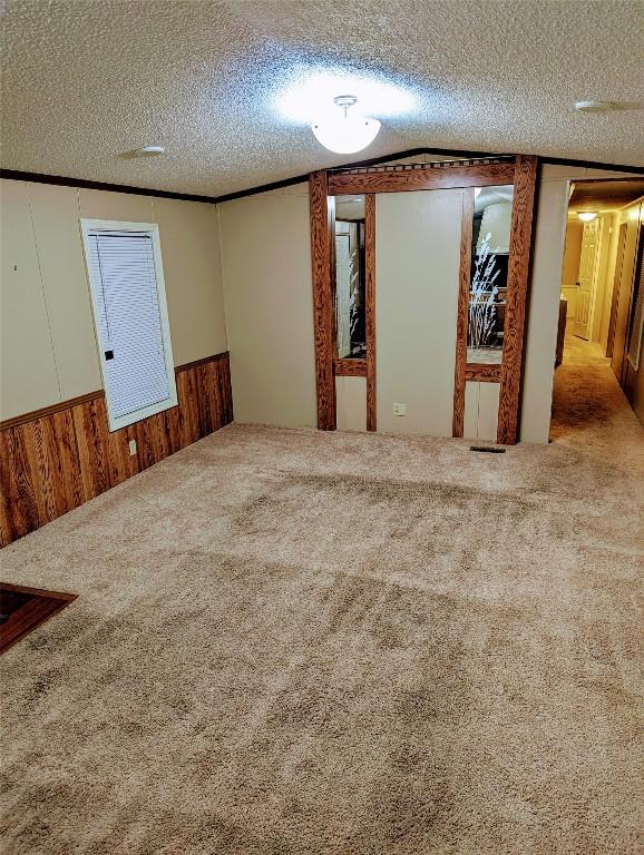 carpeted empty room featuring wooden walls and a textured ceiling