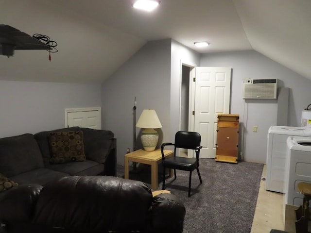 living room with washer / clothes dryer, vaulted ceiling, and an AC wall unit