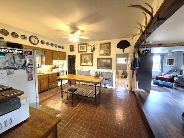 23754 S Beaver Rd, Springboro, PA 16435 - dining space with a ceiling fan and brick patterned floors