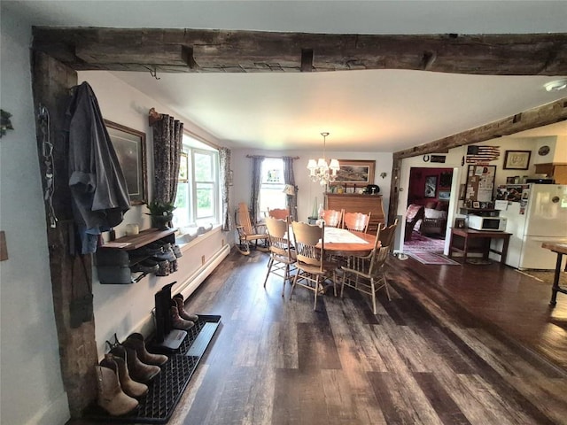 23754 S Beaver Rd, Springboro, PA 16435 - dining area featuring dark wood-style floors, a baseboard heating unit, a chandelier, and beamed ceiling
