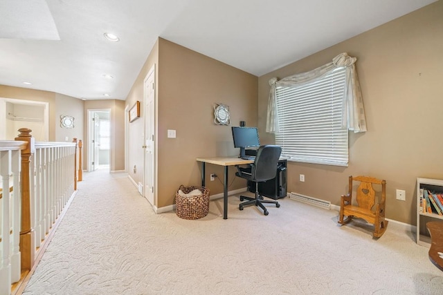 5501 Stone Run Dr, Fairview, PA 16415 - carpeted home office with recessed lighting and a baseboard radiator