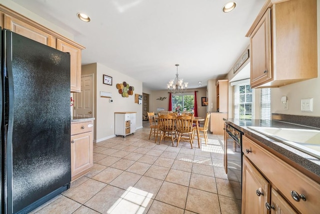 5501 Stone Run Dr, Fairview, PA 16415 - kitchen featuring black appliances, a chandelier, light tile patterned flooring, light brown cabinets, and recessed lighting