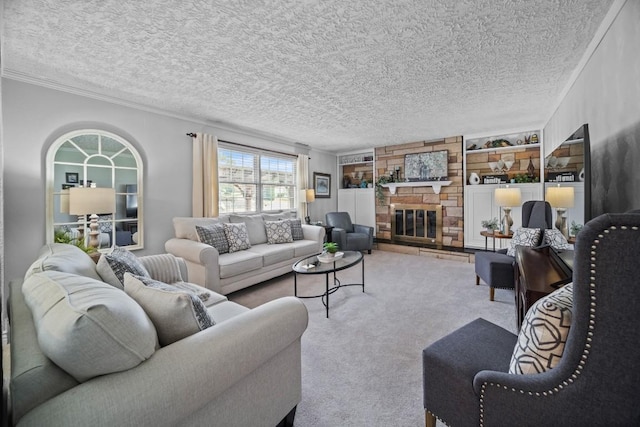 5124 W Ridge Rd, Erie, PA 16506 - carpeted living area featuring ornamental molding, a textured ceiling, and a fireplace