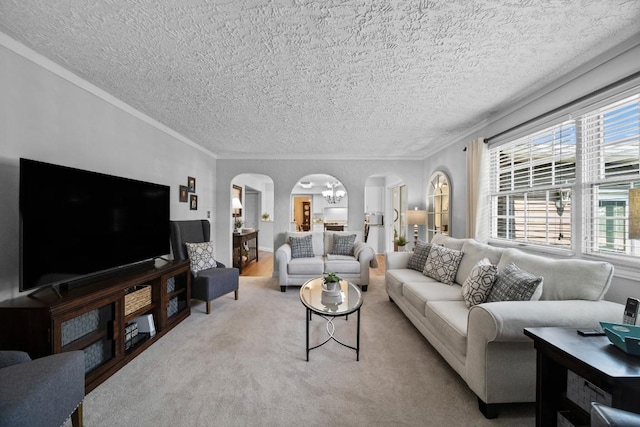 5124 W Ridge Rd, Erie, PA 16506 - carpeted living room featuring arched walkways, a textured ceiling, and crown molding