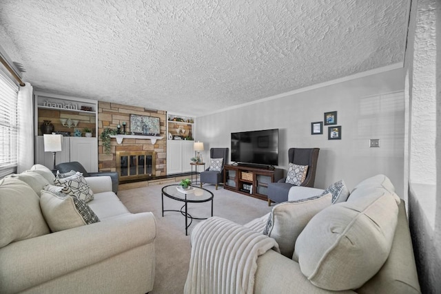 5124 W Ridge Rd, Erie, PA 16506 - carpeted living room featuring a textured ceiling, built in shelves, a stone fireplace, and crown molding