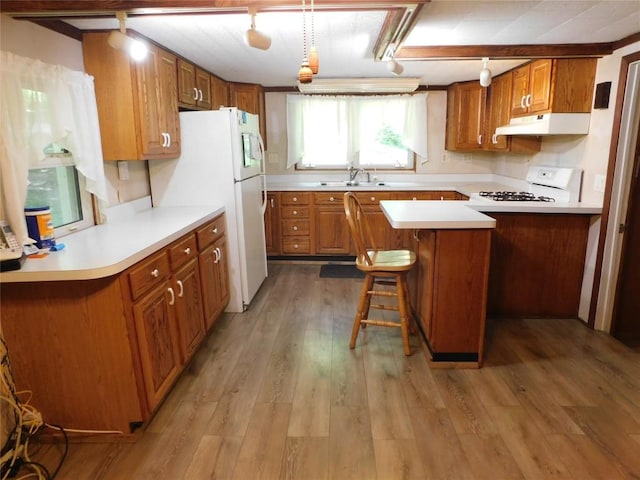 15954 Parsons Ln, Edinboro, PA 16412 - kitchen with white appliances, under cabinet range hood, brown cabinets, light countertops, and a breakfast bar