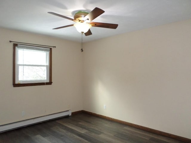 unfurnished room with ceiling fan, dark hardwood / wood-style flooring, and a baseboard heating unit