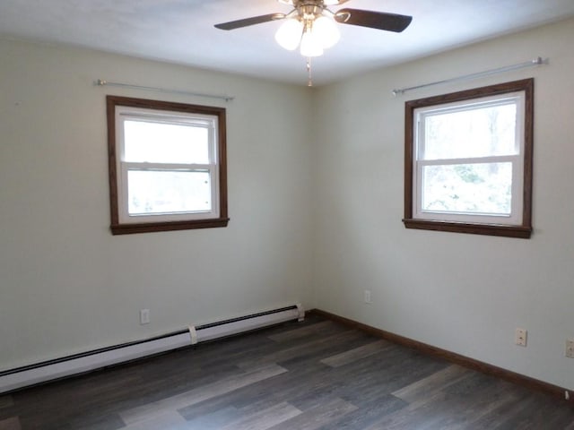 spare room featuring a wealth of natural light, dark hardwood / wood-style floors, baseboard heating, and ceiling fan