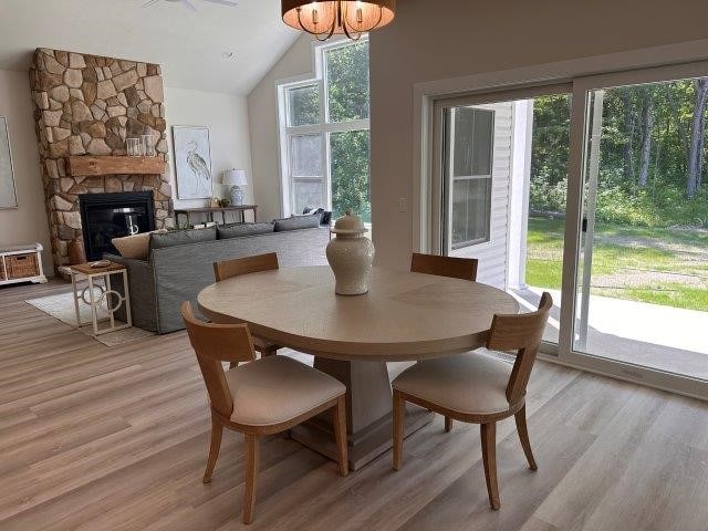 4655 Elsie Rd Unit 1, Erie, PA 16511 - dining space featuring plenty of natural light, light wood-style floors, a chandelier, and high vaulted ceiling