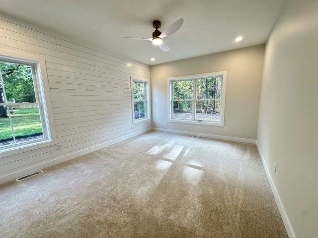 unfurnished room with ceiling fan, a healthy amount of sunlight, and light carpet