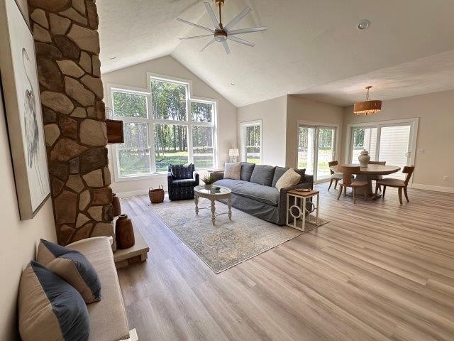 4655 Elsie Rd Unit 1, Erie, PA 16511 - living area featuring high vaulted ceiling, light wood-style floors, and a ceiling fan