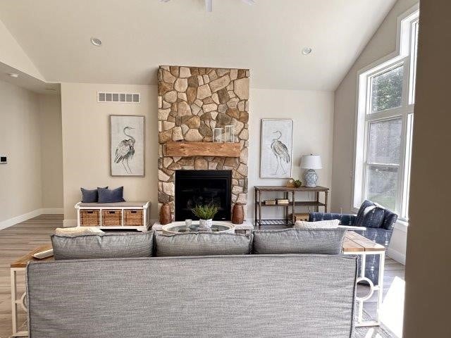 4655 Elsie Rd Unit 1, Erie, PA 16511 - living room with lofted ceiling, wood finished floors, healthy amount of natural light, and a fireplace