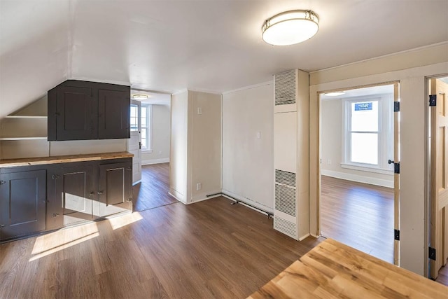 interior space with dark wood-style floors, a heating unit, lofted ceiling, and baseboards