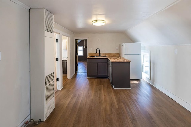 kitchen with baseboards, dark wood-style floors, freestanding refrigerator, vaulted ceiling, and a sink