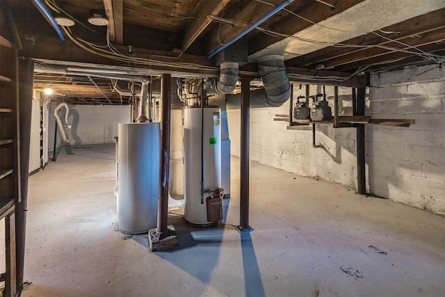 unfinished basement featuring gas water heater