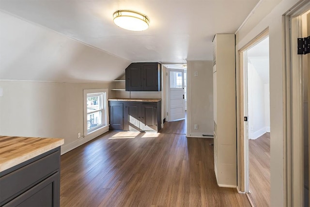 additional living space featuring dark wood-style flooring, vaulted ceiling, and baseboards