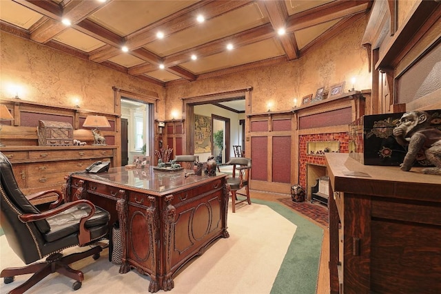 home office with light carpet, beam ceiling, crown molding, and coffered ceiling