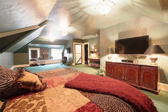 bedroom featuring light colored carpet and vaulted ceiling