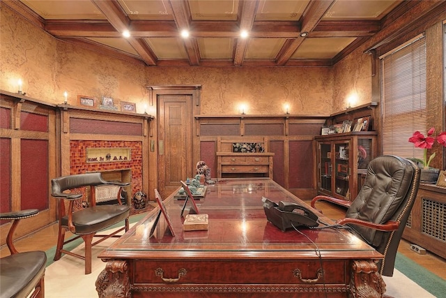 office area with crown molding, beamed ceiling, and coffered ceiling