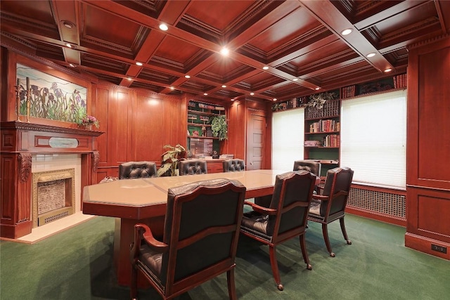 dining area featuring wooden walls, ornamental molding, carpet floors, and wood ceiling