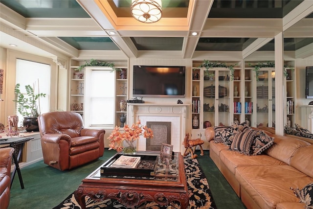 sunroom / solarium with beam ceiling, a fireplace, and coffered ceiling