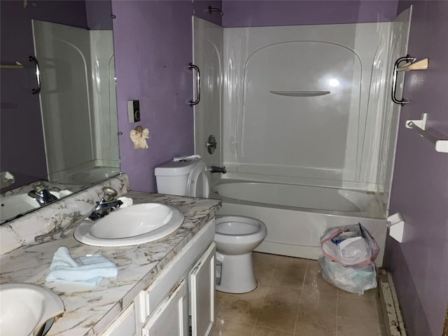 4015 Longview Ave, Erie, PA 16510 - bathroom featuring vanity, toilet,  shower combination, tile patterned flooring, and baseboard heating