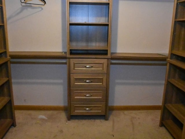 walk in closet featuring light colored carpet