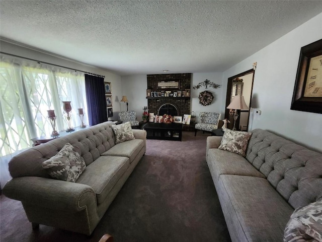 living room with dark carpet, a textured ceiling, and a brick fireplace