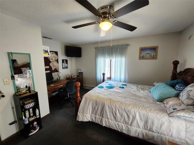 carpeted bedroom featuring ceiling fan, a textured ceiling, and a baseboard radiator