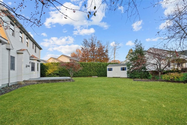 view of yard featuring a storage shed