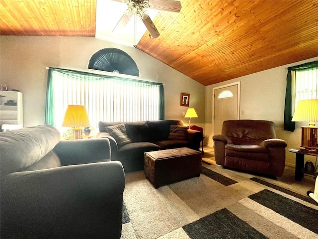 11694 Oakfield Rd, Conneaut Lake, PA 16316 - living area featuring wood ceiling, vaulted ceiling, a ceiling fan, and carpet floors