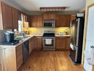 kitchen with appliances with stainless steel finishes, sink, and light hardwood / wood-style floors