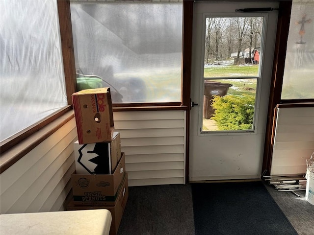 entryway featuring a healthy amount of sunlight and dark colored carpet