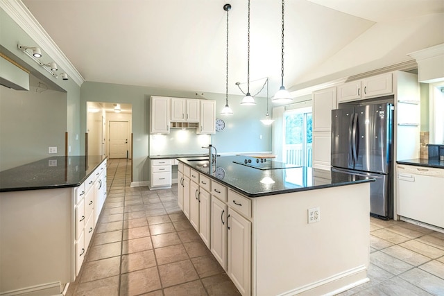 8730 Peffer Rd, Fairview, PA 16415 - kitchen featuring freestanding refrigerator, an island with sink, white dishwasher, black electric cooktop, and vaulted ceiling