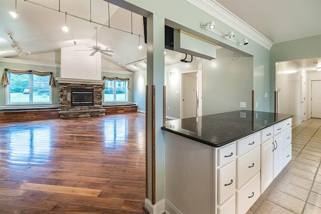 8730 Peffer Rd, Fairview, PA 16415 - kitchen featuring healthy amount of natural light, lofted ceiling, crown molding, a ceiling fan, and open floor plan