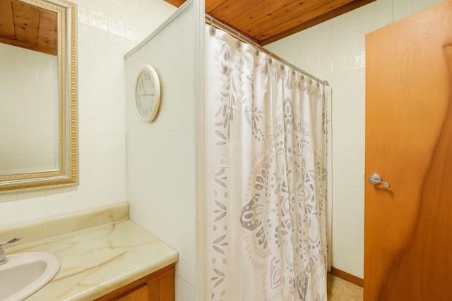 6750 W Ridge Rd, Fairview, PA 16415 - full bathroom featuring vanity, a shower with curtain, and wooden ceiling