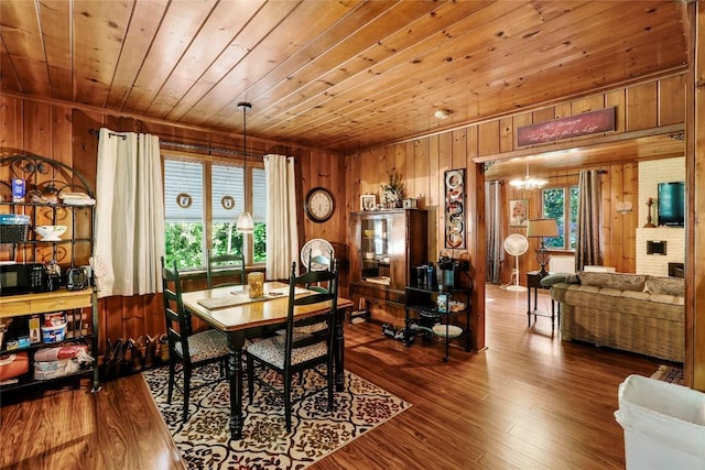 6750 W Ridge Rd, Fairview, PA 16415 - dining space with wood walls, wood ceiling, plenty of natural light, dark wood-style floors, and a chandelier
