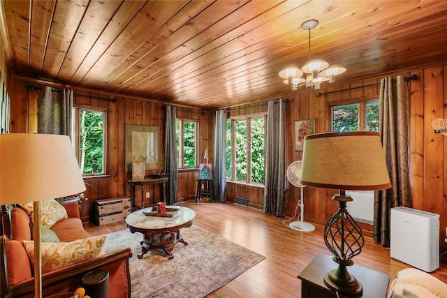 6750 W Ridge Rd, Fairview, PA 16415 - living area with wooden ceiling, healthy amount of natural light, a chandelier, wood walls, and wood finished floors