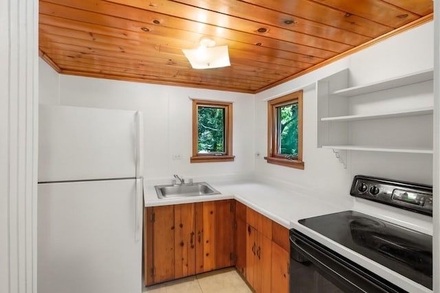 6750 W Ridge Rd, Fairview, PA 16415 - kitchen featuring freestanding refrigerator, black / electric stove, wood ceiling, light countertops, and open shelves