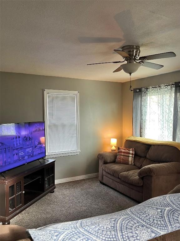 living room with carpet flooring, ceiling fan, and a textured ceiling