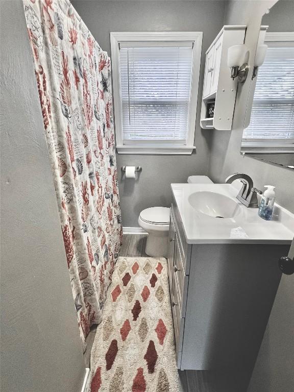 bathroom featuring a shower with curtain, vanity, toilet, and wood-type flooring