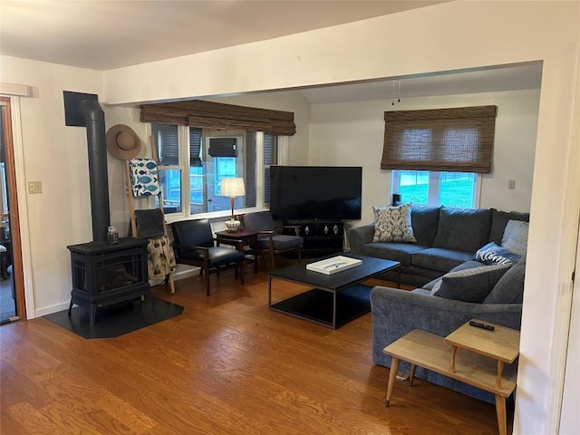 living room featuring hardwood / wood-style floors and a wood stove