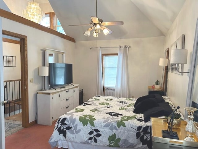 carpeted bedroom featuring vaulted ceiling, ceiling fan with notable chandelier, and cooling unit