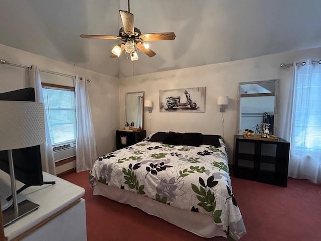 carpeted bedroom with lofted ceiling, cooling unit, and ceiling fan