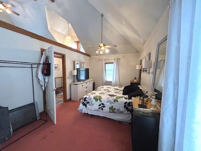 carpeted bedroom featuring ceiling fan and lofted ceiling