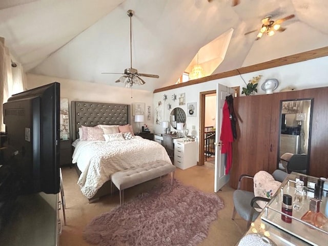 bedroom featuring ceiling fan, light carpet, and lofted ceiling