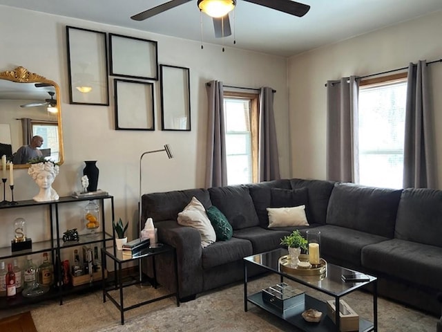 living room with ceiling fan