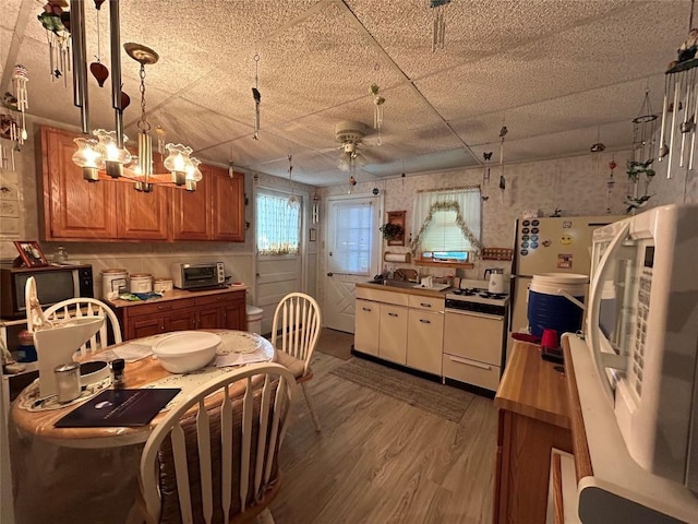 kitchen with ceiling fan, wood-type flooring, hanging light fixtures, and white range with gas cooktop